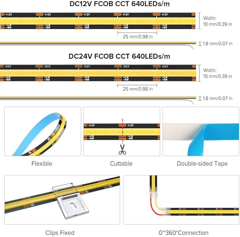 BTF-LIGHTING FCOB CCT COB LED Strip Tunable 2700K-6500K DC24V 16.4FT 640LED/m CRI 90+ Flexible High Density Dimmable LED Light Black PCB for Bedroom Indoor Decor(No Adapter or Controller) - Image 7
