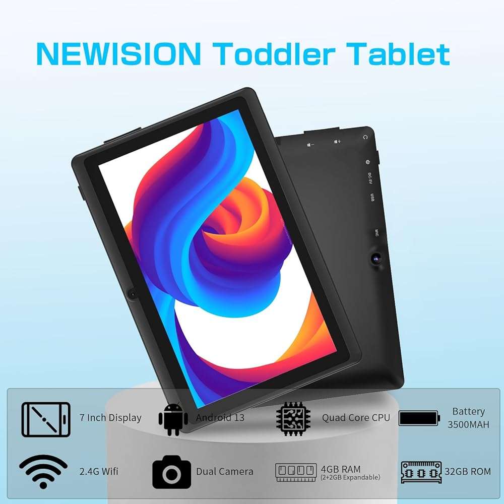 NEWISION 7 Inch Tablet with Case, Quad Core Android Tablets, 4GB RAM 32GB ROM 512GB Expand, 1024x600 IPS HD Display, 3500mAh,Dual Camera, USB C Tablet PC (Black) - Image 3