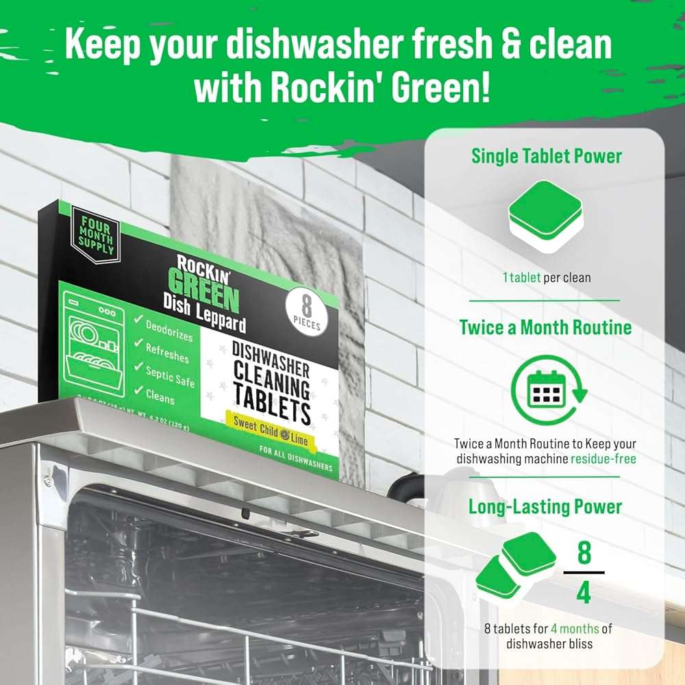 Rockin' Green Deep Cleaning and Deodorizing Tablets for Dishwashers, Washing Machines, and Garbage Disposals, Removes Odor and Residue (Dishwasher Cleaning Tablets, 8 Pack) - Image 4