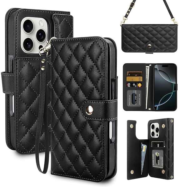 Vofolen Compatible with iPhone 16 Pro Case with Card Holder Crossbody Wrist Strap Leather Flip Case with Magnetic Clasp Kickstand Heavy Duty Protective Wallet Phone Case for Women, 6.3 Inch Black - Image 1