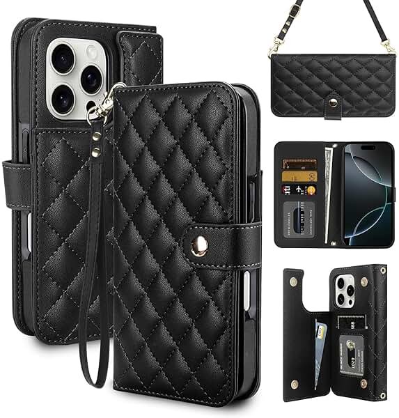Vofolen Compatible with iPhone 16 Pro Case with Card Holder Crossbody Wrist Strap Leather Flip Case with Magnetic Clasp Kickstand Heavy Duty Protective Wallet Phone Case for Women, 6.3 Inch Black - Product Image