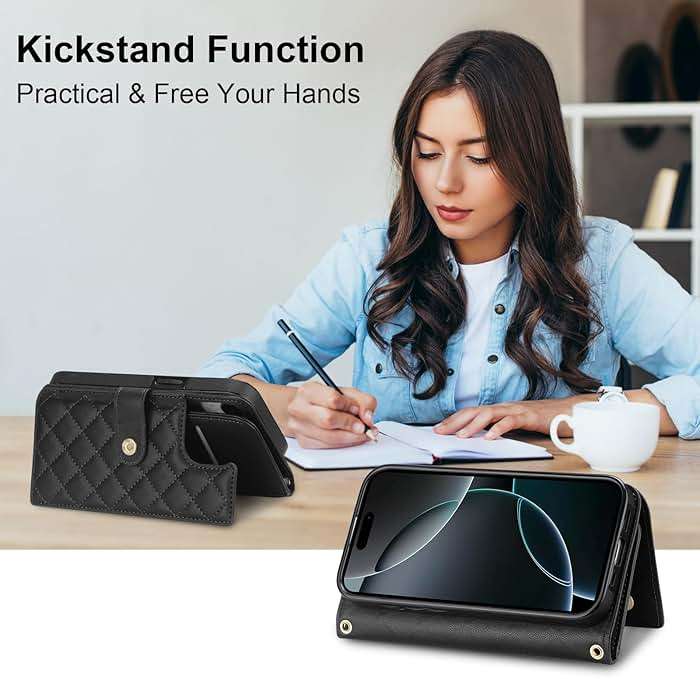 Vofolen Compatible with iPhone 16 Pro Case with Card Holder Crossbody Wrist Strap Leather Flip Case with Magnetic Clasp Kickstand Heavy Duty Protective Wallet Phone Case for Women, 6.3 Inch Black - Image 5