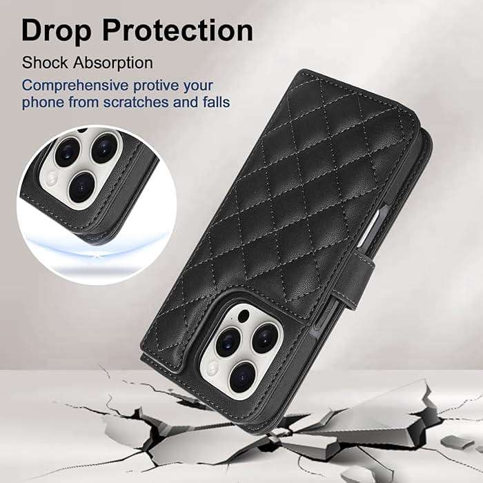Vofolen Compatible with iPhone 16 Pro Case with Card Holder Crossbody Wrist Strap Leather Flip Case with Magnetic Clasp Kickstand Heavy Duty Protective Wallet Phone Case for Women, 6.3 Inch Black - Image 6