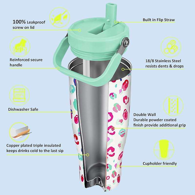 Zukro 50 OZ Tumbler With Flip Straw |Triple-Wall Vacuum Insulated Water Jug With Top Handle For Gym Sports Outdoors |Large Leak Proof Stainless Steel Water Bottle, Fit in Cupholder |Cold 34 Hours - Image 5