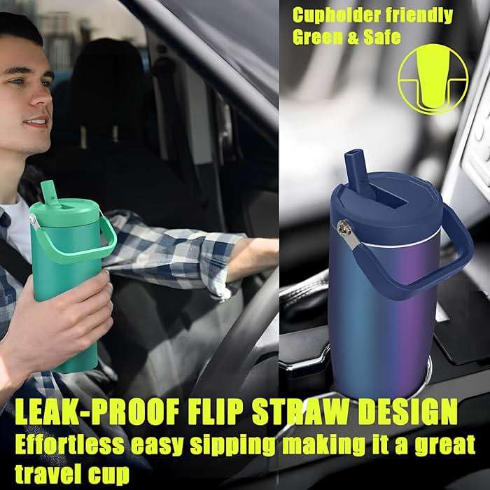 Zukro 50 OZ Tumbler With Flip Straw |Triple-Wall Vacuum Insulated Water Jug With Top Handle For Gym Sports Outdoors |Large Leak Proof Stainless Steel Water Bottle, Fit in Cupholder |Cold 34 Hours - Image 6