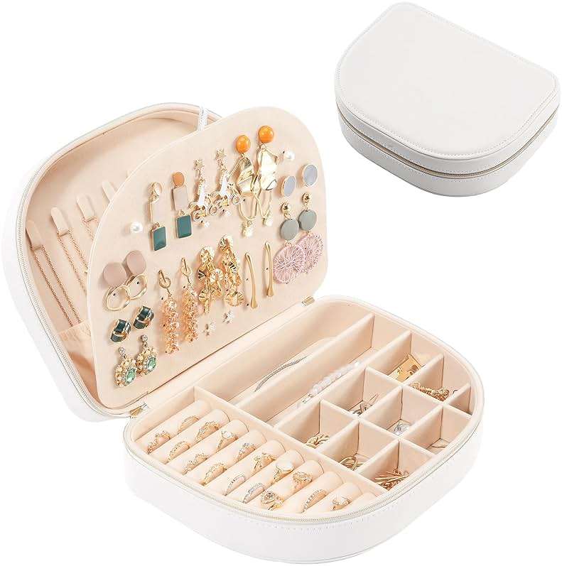ProCase Travel Size Jewelry Box, Large Portable Seashell-Shaped Jewelry Case, 2 Layer Jewelry Organizer in PU Leather for Women -White - Image 1