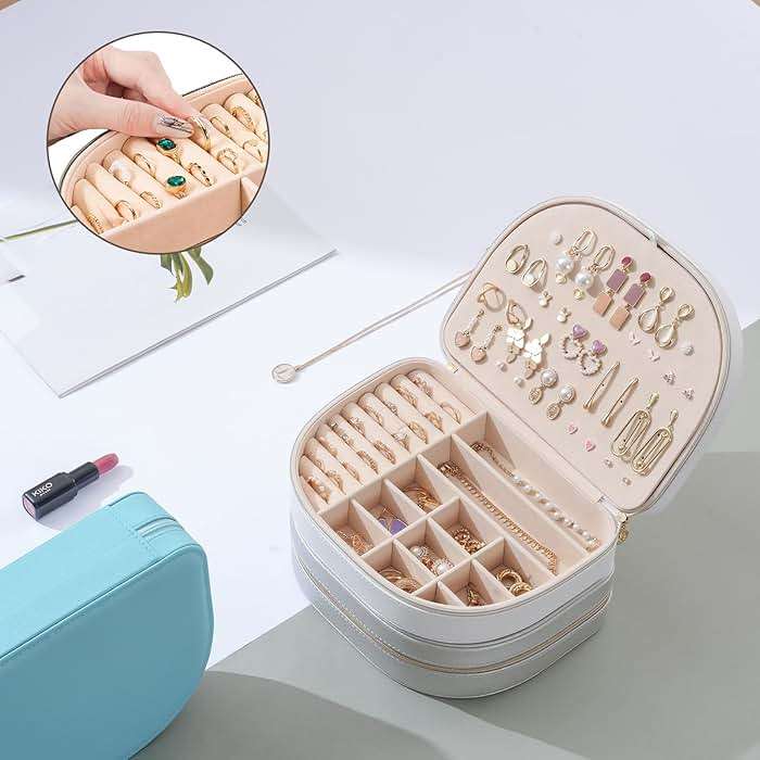 ProCase Travel Size Jewelry Box, Large Portable Seashell-Shaped Jewelry Case, 2 Layer Jewelry Organizer in PU Leather for Women -White - Image 2