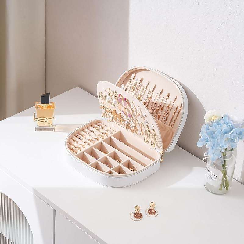 ProCase Travel Size Jewelry Box, Large Portable Seashell-Shaped Jewelry Case, 2 Layer Jewelry Organizer in PU Leather for Women -White - Image 4