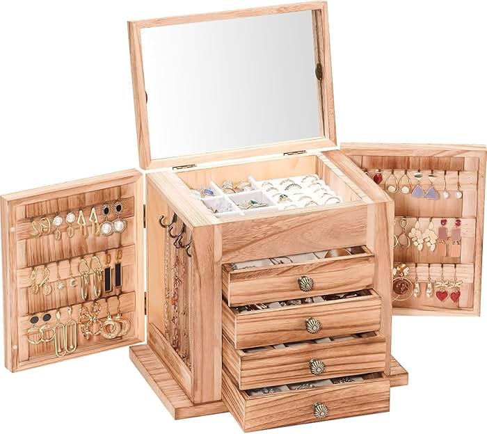 ProCase Large Jewelry Box, 5-Layer Wooden Jewelry Boxes for Women, Jewellery Holder Organizer Storage Case with Mirror for Earrings Necklace for Dresser -Natural - Product Image