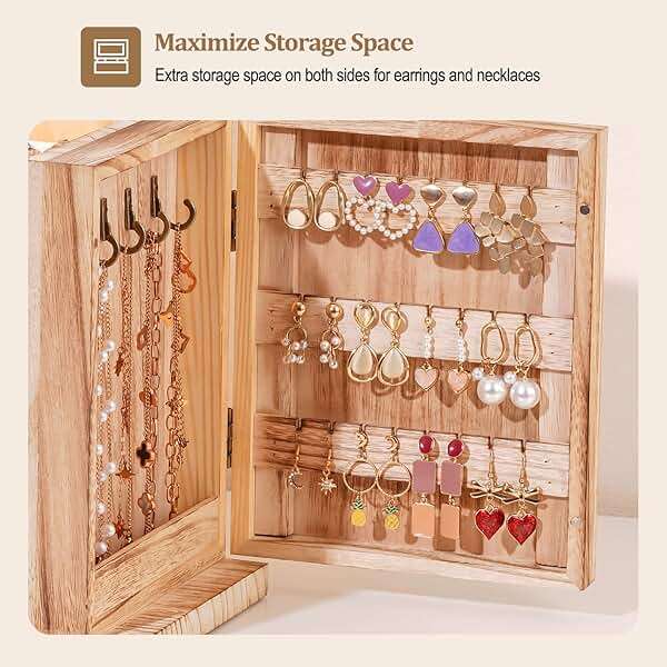 ProCase Large Jewelry Box, 5-Layer Wooden Jewelry Boxes for Women, Jewellery Holder Organizer Storage Case with Mirror for Earrings Necklace for Dresser -Natural - Image 3