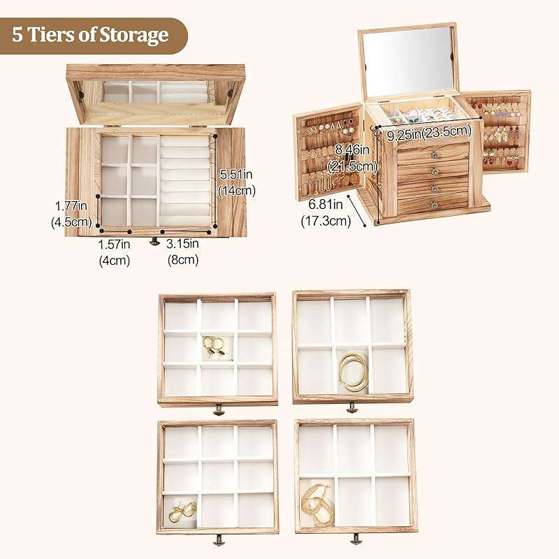 ProCase Large Jewelry Box, 5-Layer Wooden Jewelry Boxes for Women, Jewellery Holder Organizer Storage Case with Mirror for Earrings Necklace for Dresser -Natural - Image 4