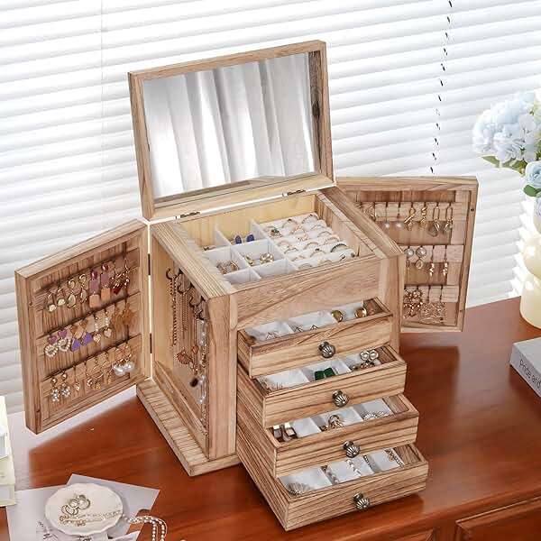 ProCase Large Jewelry Box, 5-Layer Wooden Jewelry Boxes for Women, Jewellery Holder Organizer Storage Case with Mirror for Earrings Necklace for Dresser -Natural - Image 6