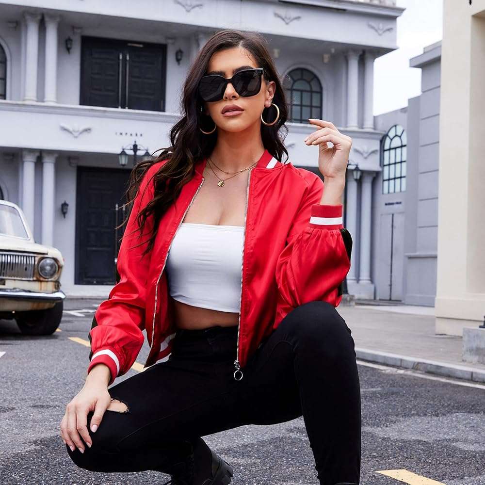 Zando Bomber Jacket Women 2025 - Lightweight Cropped Jacket Zip Up Casual Striped Women Jackets Trendy Outerwear with Pockets - Image 2