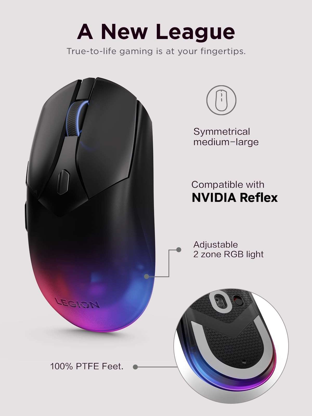 Lenovo Legion M410 Wireless RGB Gaming Mouse – 6 Button Palm Grip Mouse with 16,000 DPI, 53 Hour Rechargeable Battery, 2-Zone RGB Lighting, NVIDIA Reflex Compatible - Image 5