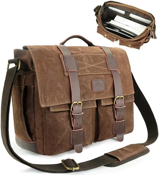 densata Messenger Bag for Men, 14-Inch Waterproof Laptop Bag, Waxed Canvas Satchel Bag for School, Vintage Rugged Shoulder Computer Bag, Crossbody Briefcase for Work Travel (Vintage Brown) - Product Image