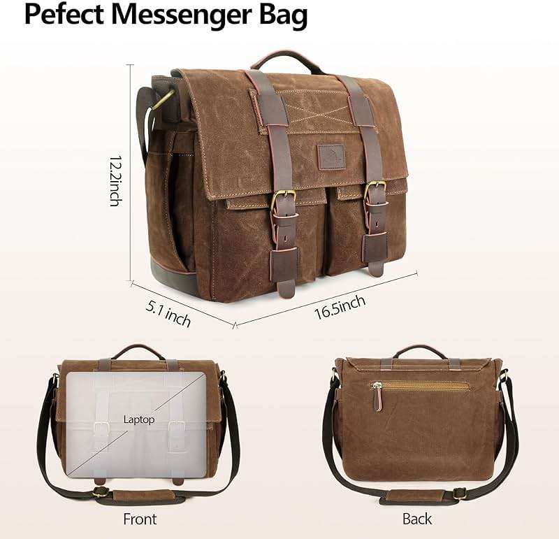 densata Messenger Bag for Men, 14-Inch Waterproof Laptop Bag, Waxed Canvas Satchel Bag for School, Vintage Rugged Shoulder Computer Bag, Crossbody Briefcase for Work Travel (Vintage Brown) - Image 4