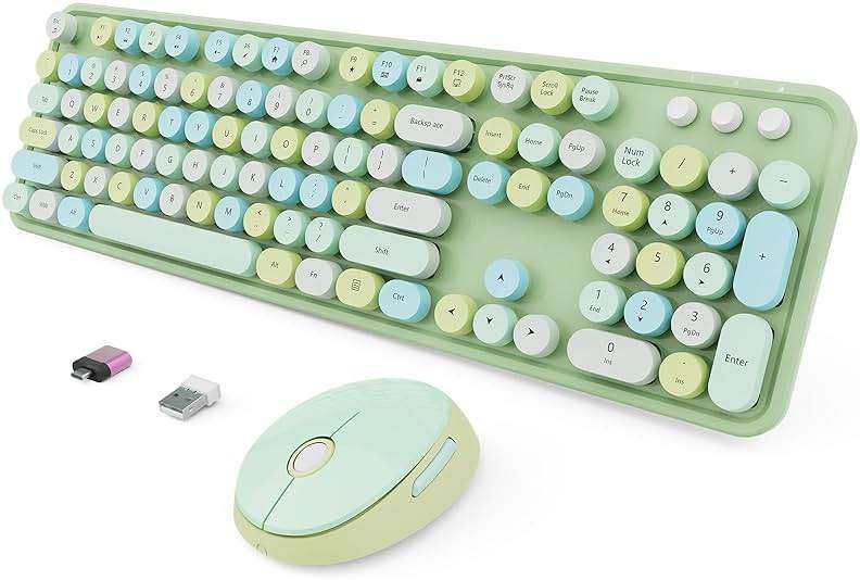 Wireless Keyboard and Mouse Combo, Ergonomic Full Size Typewriter Retro Round Keycaps Keyboard, Compatible with Windows, PC, Perfer for Home and Office Keyboards (Green - Image 1