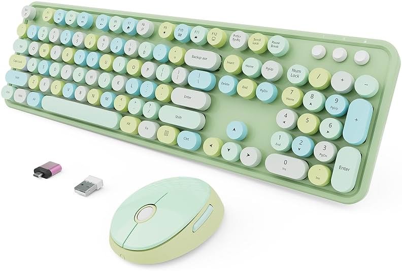 Wireless Keyboard and Mouse Combo, Ergonomic Full Size Typewriter Retro Round Keycaps Keyboard, Compatible with Windows, PC, Perfer for Home and Office Keyboards (Green - Product Image