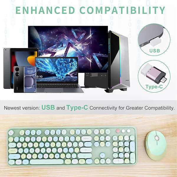 Wireless Keyboard and Mouse Combo, Ergonomic Full Size Typewriter Retro Round Keycaps Keyboard, Compatible with Windows, PC, Perfer for Home and Office Keyboards (Green - Image 2