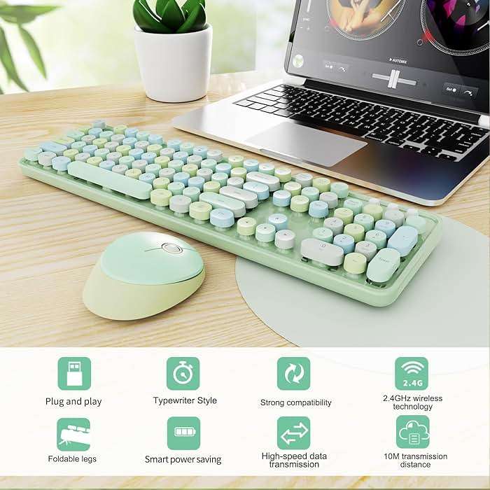 Wireless Keyboard and Mouse Combo, Ergonomic Full Size Typewriter Retro Round Keycaps Keyboard, Compatible with Windows, PC, Perfer for Home and Office Keyboards (Green - Image 3