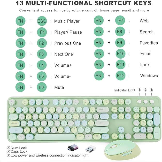 Wireless Keyboard and Mouse Combo, Ergonomic Full Size Typewriter Retro Round Keycaps Keyboard, Compatible with Windows, PC, Perfer for Home and Office Keyboards (Green - Image 4