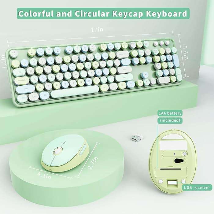 Wireless Keyboard and Mouse Combo, Ergonomic Full Size Typewriter Retro Round Keycaps Keyboard, Compatible with Windows, PC, Perfer for Home and Office Keyboards (Green - Image 5