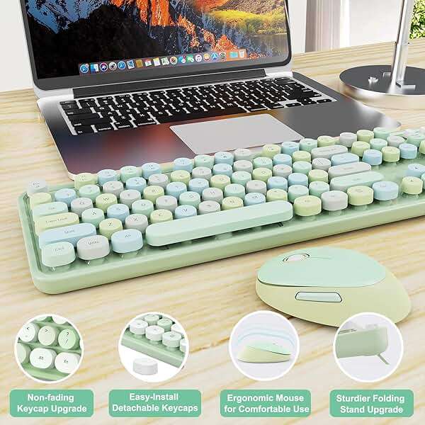Wireless Keyboard and Mouse Combo, Ergonomic Full Size Typewriter Retro Round Keycaps Keyboard, Compatible with Windows, PC, Perfer for Home and Office Keyboards (Green - Image 6