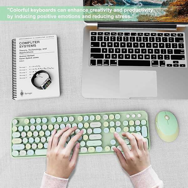 Wireless Keyboard and Mouse Combo, Ergonomic Full Size Typewriter Retro Round Keycaps Keyboard, Compatible with Windows, PC, Perfer for Home and Office Keyboards (Green - Image 7