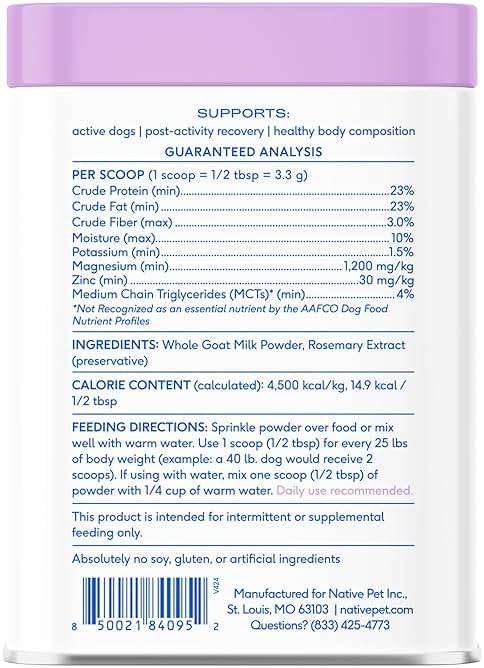 Native Pet Goat Milk Powder - Dog Food Topper for Active Dogs - Post-Activity Recovery, Energy, Immune Support, Hydration & Bone Health - Whole Goat Milk with MCTs & Essential Minerals - 60 Scoops - Image 7