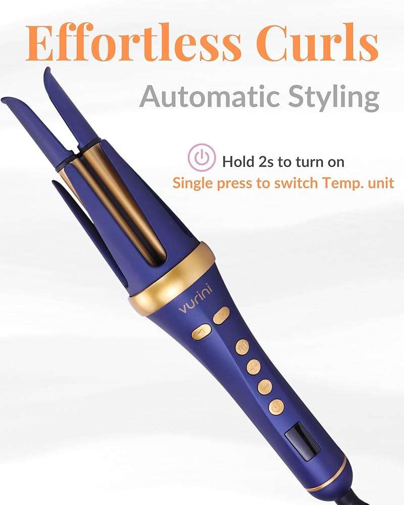 VURINI Automatic Curling Iron - 1.25" Rotating Curling Wand with 7 Temp. & 5 Timers Setting for Different Hair Types, Safe Auto Shut-Off, Easy to Use Hair Curler for Long Lasting Waves (Blue) - Image 2