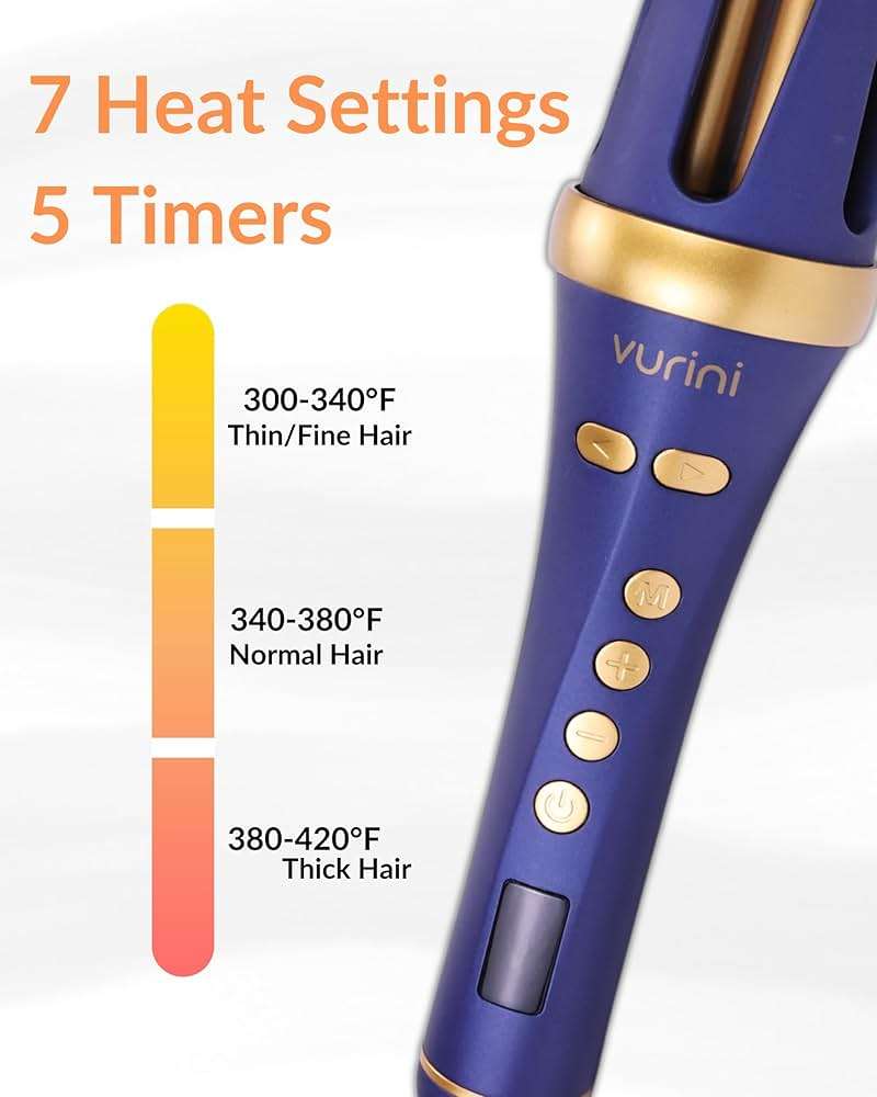 VURINI Automatic Curling Iron - 1.25" Rotating Curling Wand with 7 Temp. & 5 Timers Setting for Different Hair Types, Safe Auto Shut-Off, Easy to Use Hair Curler for Long Lasting Waves (Blue) - Image 5