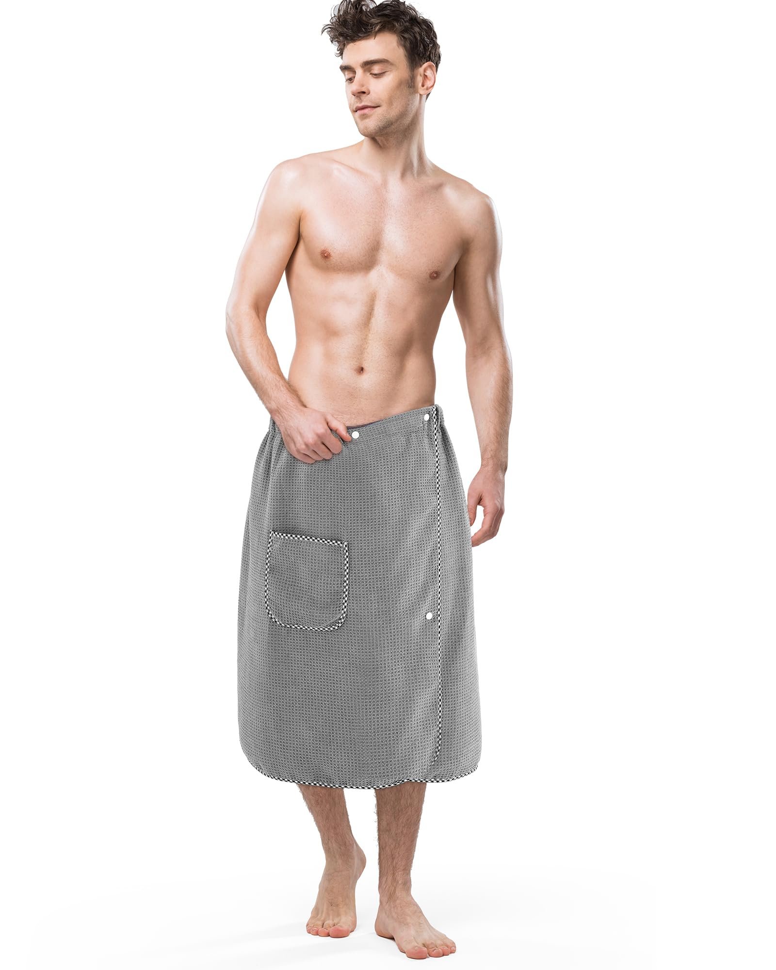 HunnmingRe Bath Wrap Towel Quick Drying for Men Adjustable Sauna Towels with Pocket After Shower Wrap for Men Gift, Gym, Spa, Sauna, 65 x 25 Inches(Grey,Waffle) - Product Image