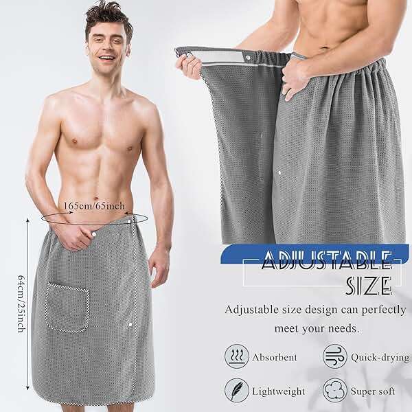 HunnmingRe Bath Wrap Towel Quick Drying for Men Adjustable Sauna Towels with Pocket After Shower Wrap for Men Gift, Gym, Spa, Sauna, 65 x 25 Inches(Grey,Waffle) - Image 2