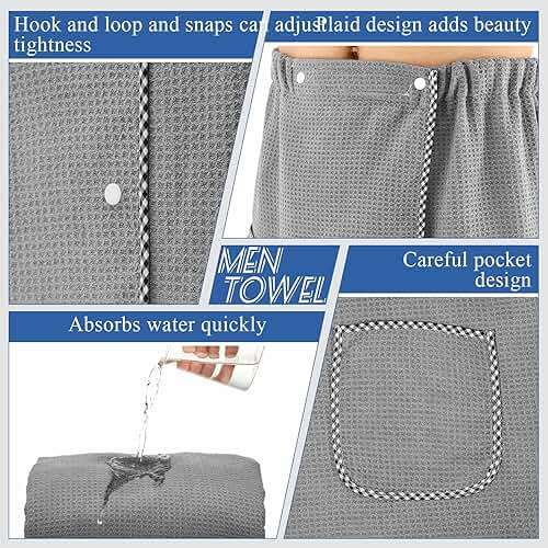 HunnmingRe Bath Wrap Towel Quick Drying for Men Adjustable Sauna Towels with Pocket After Shower Wrap for Men Gift, Gym, Spa, Sauna, 65 x 25 Inches(Grey,Waffle) - Image 3