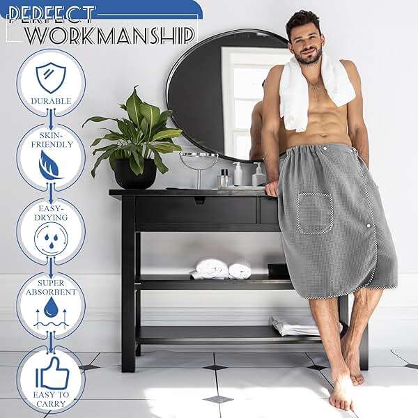 HunnmingRe Bath Wrap Towel Quick Drying for Men Adjustable Sauna Towels with Pocket After Shower Wrap for Men Gift, Gym, Spa, Sauna, 65 x 25 Inches(Grey,Waffle) - Image 4