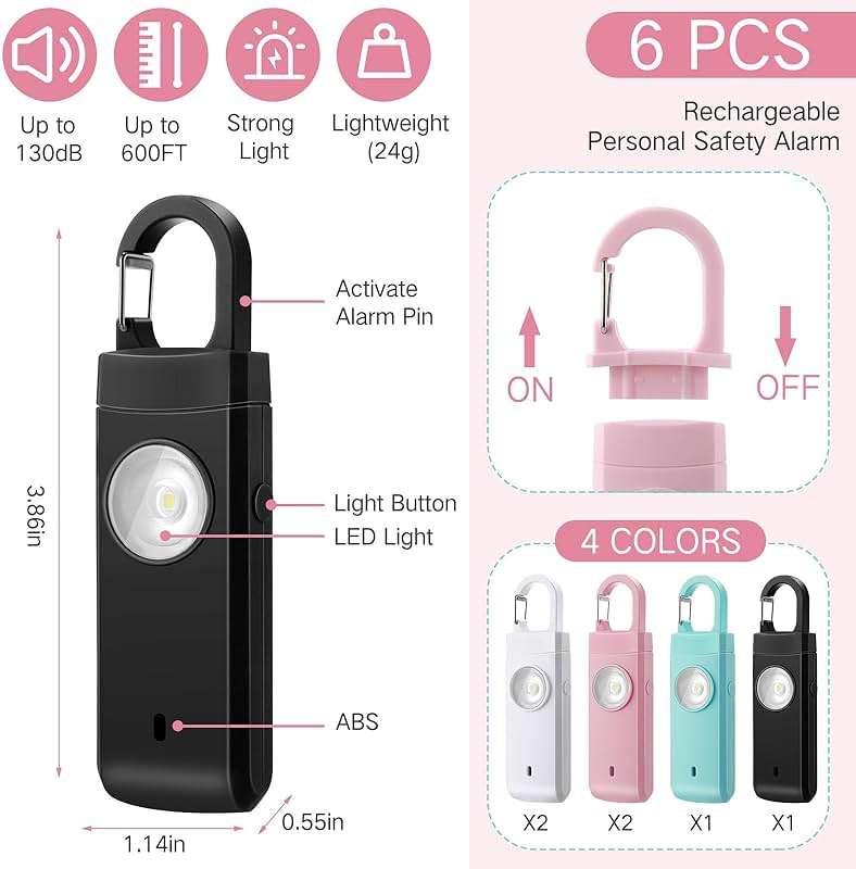 Tellegloww 6 Pcs Rechargeable Personal Safety Alarm for Women, 130db Personal Alarm Protection Keychains Loud Siren with LED Self Defense Keychain for Senior Mom Gift(White,Pink,Blue,Black,Snap) - Image 3