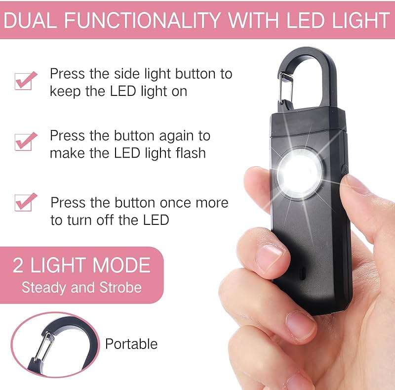 Tellegloww 6 Pcs Rechargeable Personal Safety Alarm for Women, 130db Personal Alarm Protection Keychains Loud Siren with LED Self Defense Keychain for Senior Mom Gift(White,Pink,Blue,Black,Snap) - Image 5