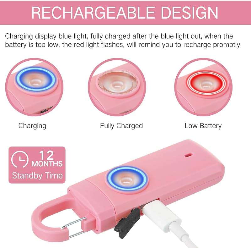 Tellegloww 6 Pcs Rechargeable Personal Safety Alarm for Women, 130db Personal Alarm Protection Keychains Loud Siren with LED Self Defense Keychain for Senior Mom Gift(White,Pink,Blue,Black,Snap) - Image 6