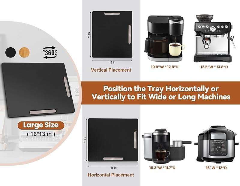 Joy&Grace Appliance Slider for Kitchen Appliances 360° Rolling Sliding Tray for Coffee Maker Countertop, Bamboo Coffee Pot Slider Rolling Tray with Universal Rollers (Black, Large 16"x13") - Image 3