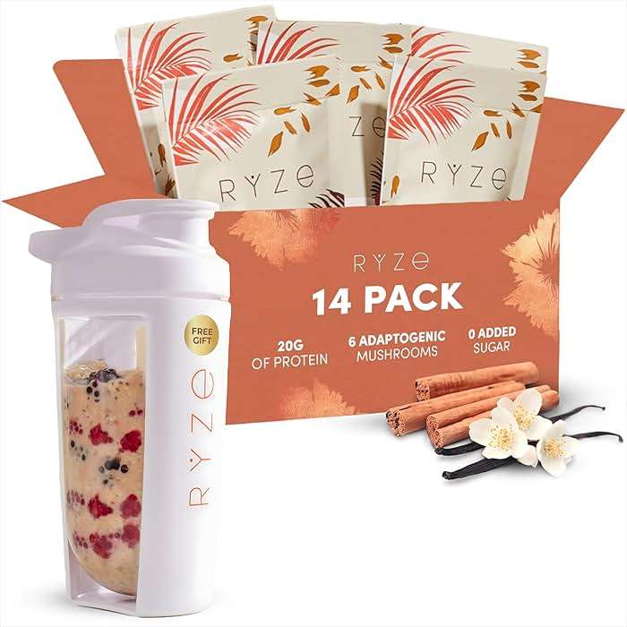 RYZE SUPERFOODS Mushroom Protein Overnight Oats, Oatmeal with 6 Adaptogenic Mushrooms and 20g Grass-Fed Whey Protein & Chia Seeds, Lions Mane, Turkey Tail, Shiitake, Reishi, Healthy Breakfast. 14 Servings. - Image 1
