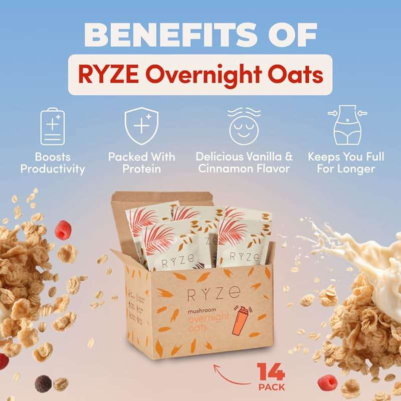 RYZE SUPERFOODS Mushroom Protein Overnight Oats, Oatmeal with 6 Adaptogenic Mushrooms and 20g Grass-Fed Whey Protein & Chia Seeds, Lions Mane, Turkey Tail, Shiitake, Reishi, Healthy Breakfast. 14 Servings. - Image 3