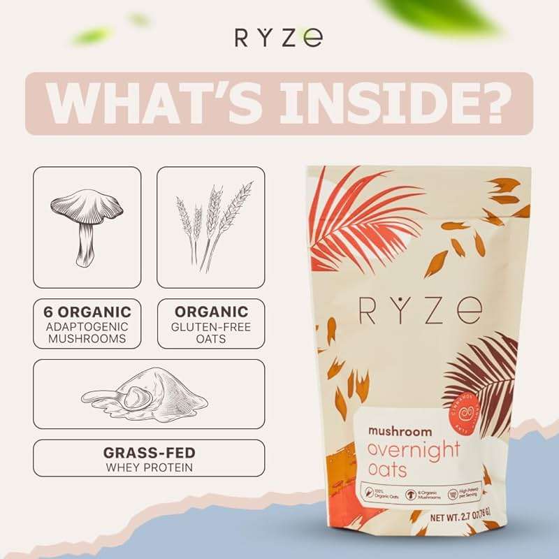 RYZE SUPERFOODS Mushroom Protein Overnight Oats, Oatmeal with 6 Adaptogenic Mushrooms and 20g Grass-Fed Whey Protein & Chia Seeds, Lions Mane, Turkey Tail, Shiitake, Reishi, Healthy Breakfast. 14 Servings. - Image 6