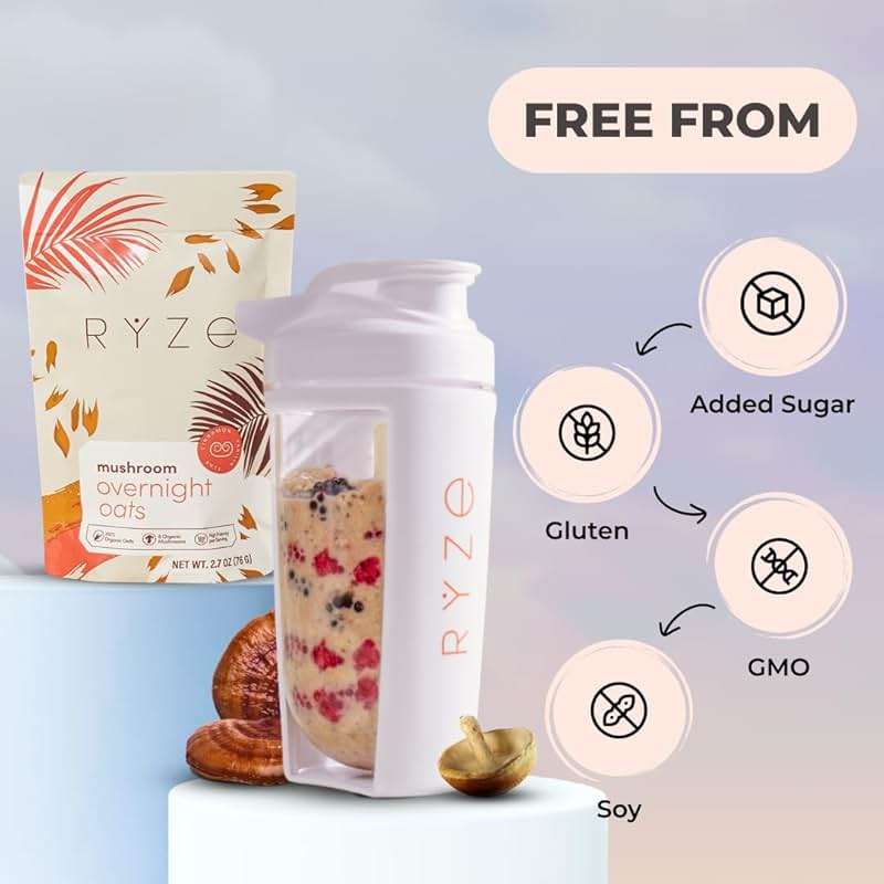 RYZE SUPERFOODS Mushroom Protein Overnight Oats, Oatmeal with 6 Adaptogenic Mushrooms and 20g Grass-Fed Whey Protein & Chia Seeds, Lions Mane, Turkey Tail, Shiitake, Reishi, Healthy Breakfast. 14 Servings. - Image 7