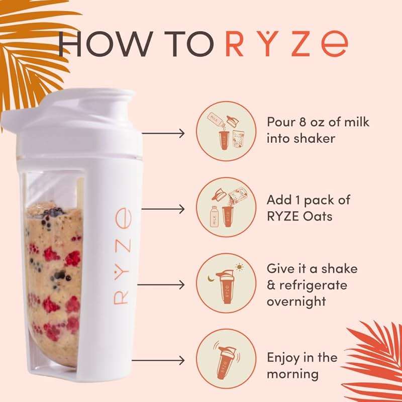 RYZE SUPERFOODS Mushroom Protein Overnight Oats, Oatmeal with 6 Adaptogenic Mushrooms and 20g Grass-Fed Whey Protein & Chia Seeds, Lions Mane, Turkey Tail, Shiitake, Reishi, Healthy Breakfast. 14 Servings. - Image 8