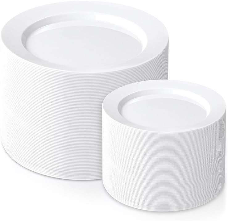 FLOWERCAT 200PCS White Plastic Plates Disposable Plates for Party - White Bulk Plastic Plates - 100 10" Dinner Plates and 100 7" Salad Plates for Wedding & Summer Parties and Events - Image 1