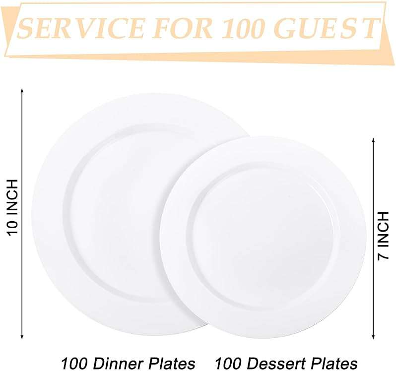 FLOWERCAT 200PCS White Plastic Plates Disposable Plates for Party - White Bulk Plastic Plates - 100 10" Dinner Plates and 100 7" Salad Plates for Wedding & Summer Parties and Events - Image 3