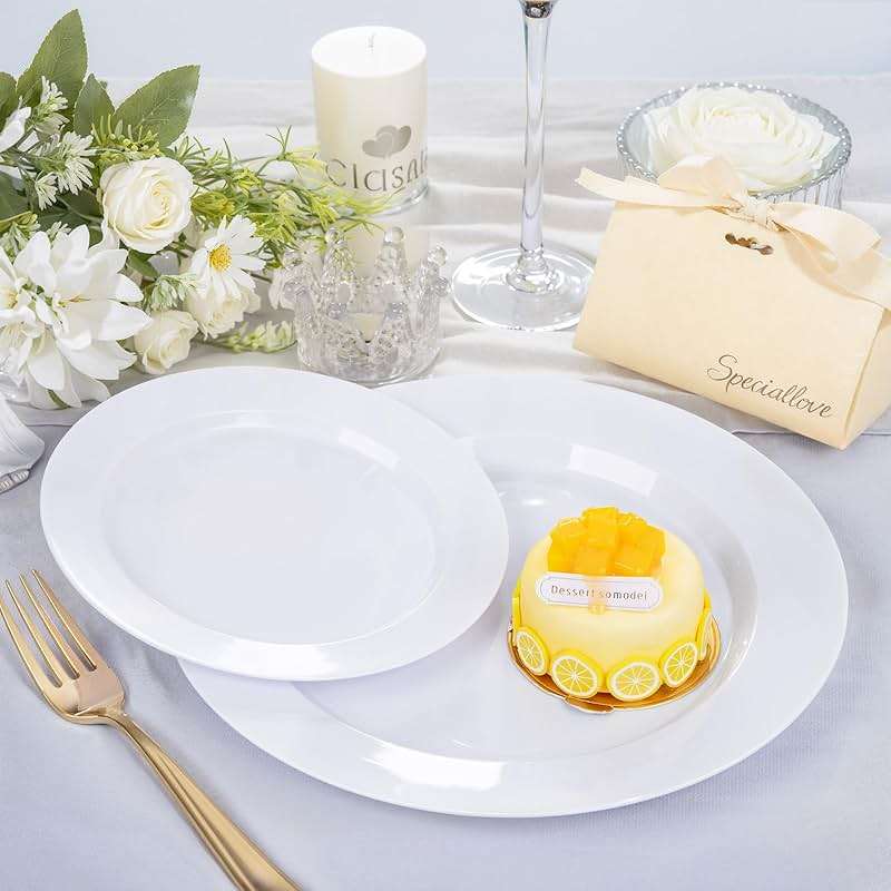 FLOWERCAT 200PCS White Plastic Plates Disposable Plates for Party - White Bulk Plastic Plates - 100 10" Dinner Plates and 100 7" Salad Plates for Wedding & Summer Parties and Events - Image 6