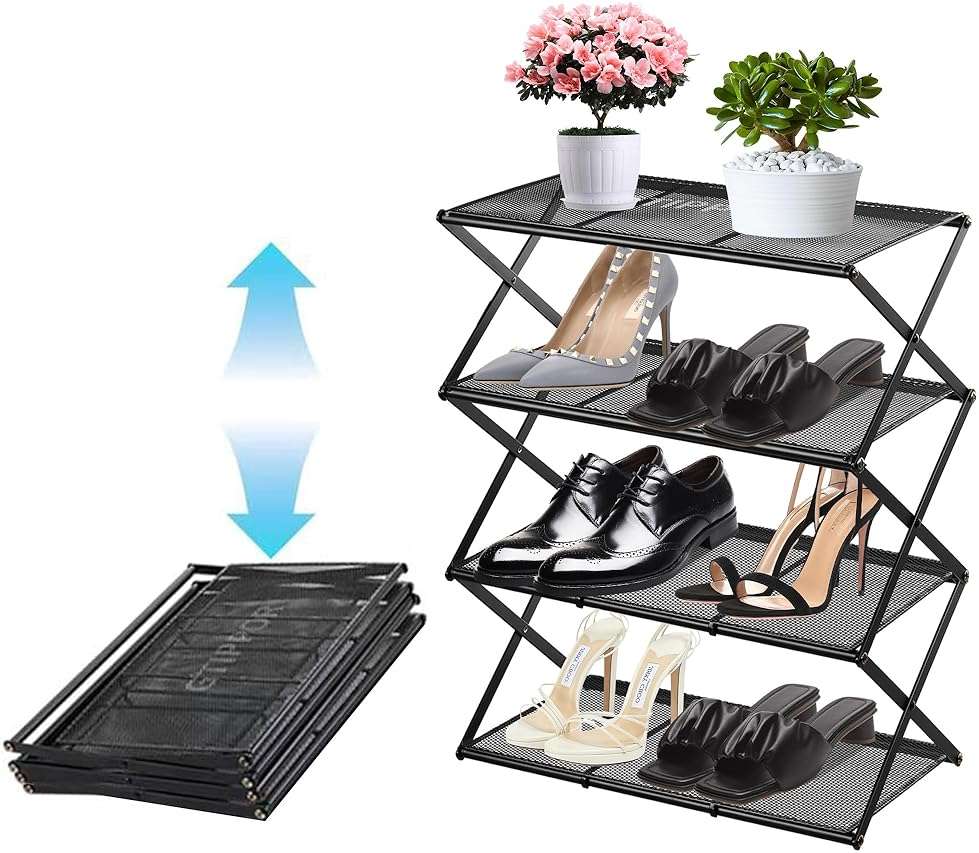 GTIPPOR Shoe Rack for Entryway 4 Tier Foldable Shoe Rack Without Assembly Collapsible Metal Shoe Organizer Folding Shoe Storage Rack for Door, Living Room, Black - Image 1