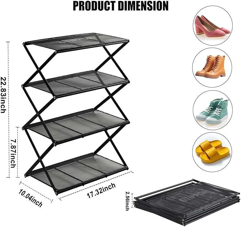 GTIPPOR Shoe Rack for Entryway 4 Tier Foldable Shoe Rack Without Assembly Collapsible Metal Shoe Organizer Folding Shoe Storage Rack for Door, Living Room, Black - Image 2