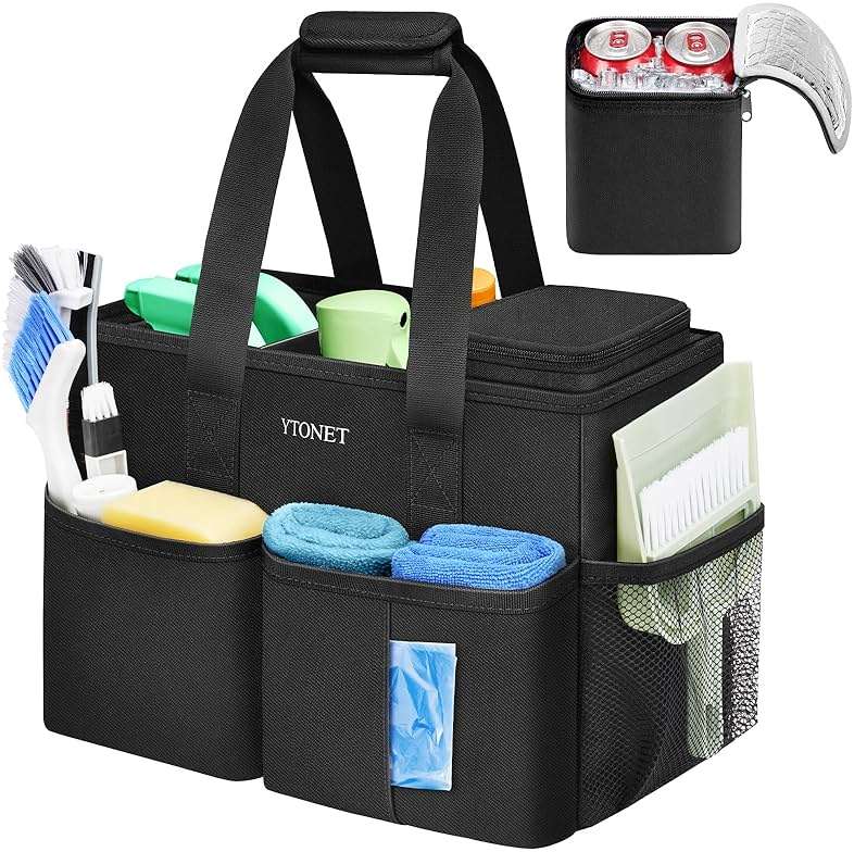 Ytonet Cleaning Caddy, Water Resistant Cleaning Supplies Organizer with Handle & Foldable Divider for Cleaners, Housekeeping Tote for Kitchen & Bathroom, Car Tool Caddy Organizer Bag, Black - Image 1